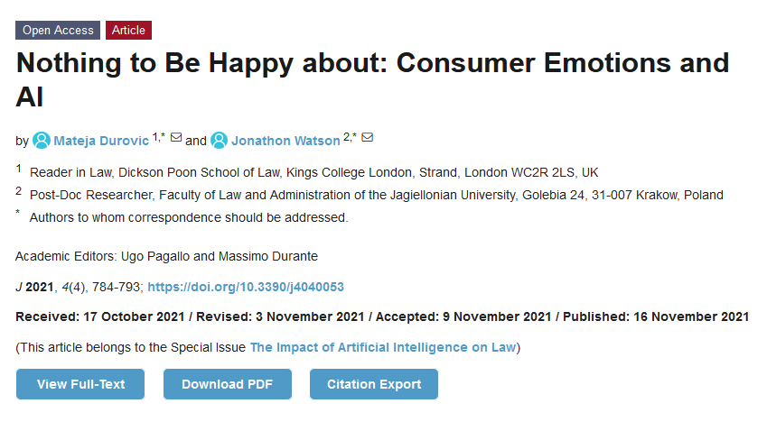 #MDPIJ 

The 6th article has been published in Special Issue "The Impact of Artificial Intelligence on #Law" 

Nothing to Be Happy about: Consumer Emotions and AI
By Dr. Mateja Durovic 

🔗mdpi.com/2571-8800/4/4/…

#AI #ConsumerLaw