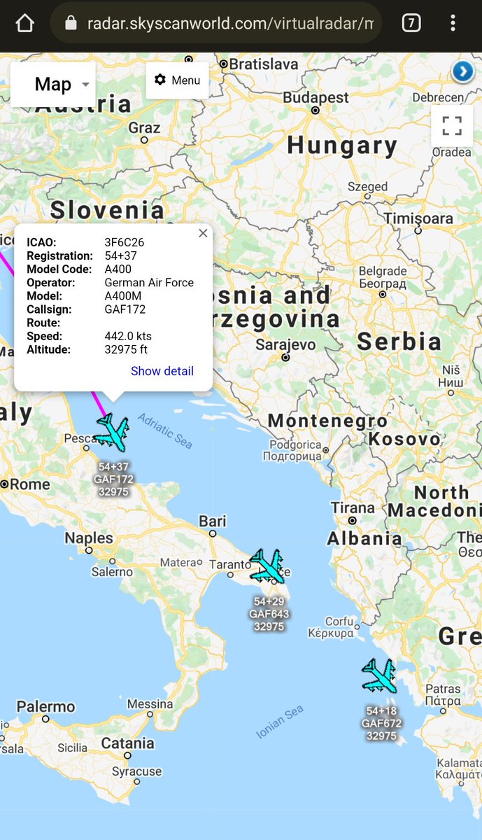 scan_sky's tweet photo. Convoy Of 3 x German Air Force - Airbus A400Ms Currently East Of Italy.
54+37 - #GAF172
54+29 - #GAF643
54+18 - #GAF672
All Departed From Wunstorf Air Base ๐ฉ๐ช https://t.co/AikdTswoNJ