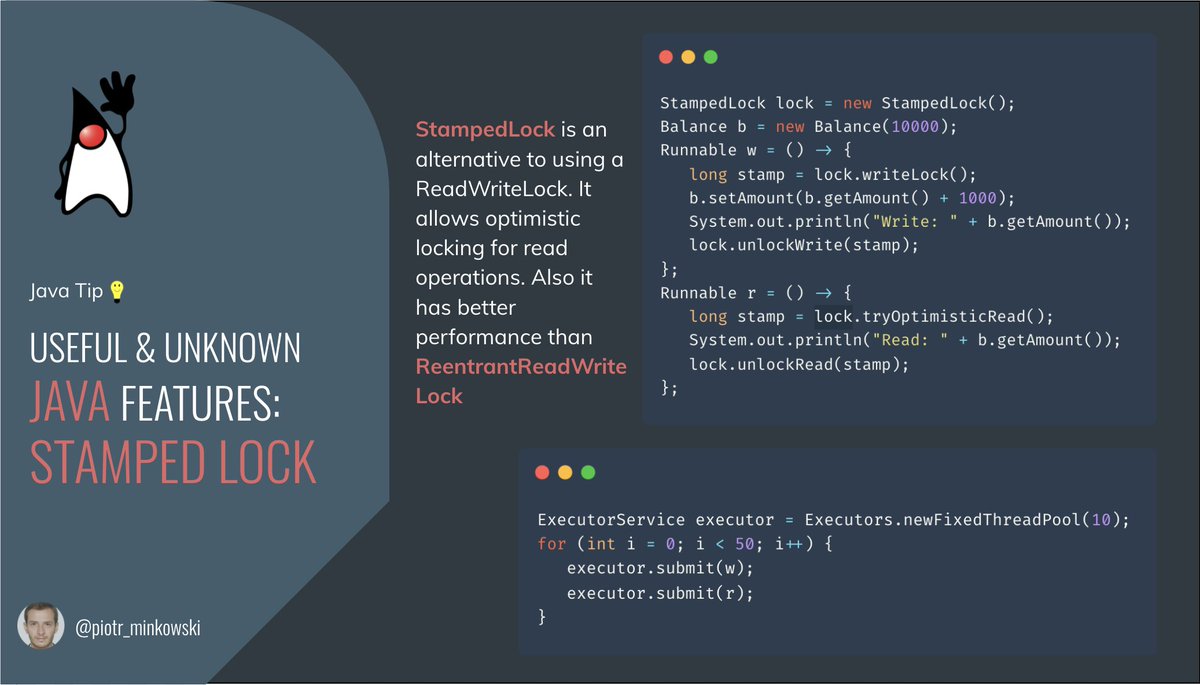 piotr_minkowski's tweet photo. Java Tip 💡

`StampedLock` is an alternative to using a ReadWriteLock. It allows optimistic locking for read operations. Also, it has better performance than `ReentrantReadWriteLock` ☕️🔒

🏷️ #java #OpenJDK #tips https://t.co/iNaDE3TQCw