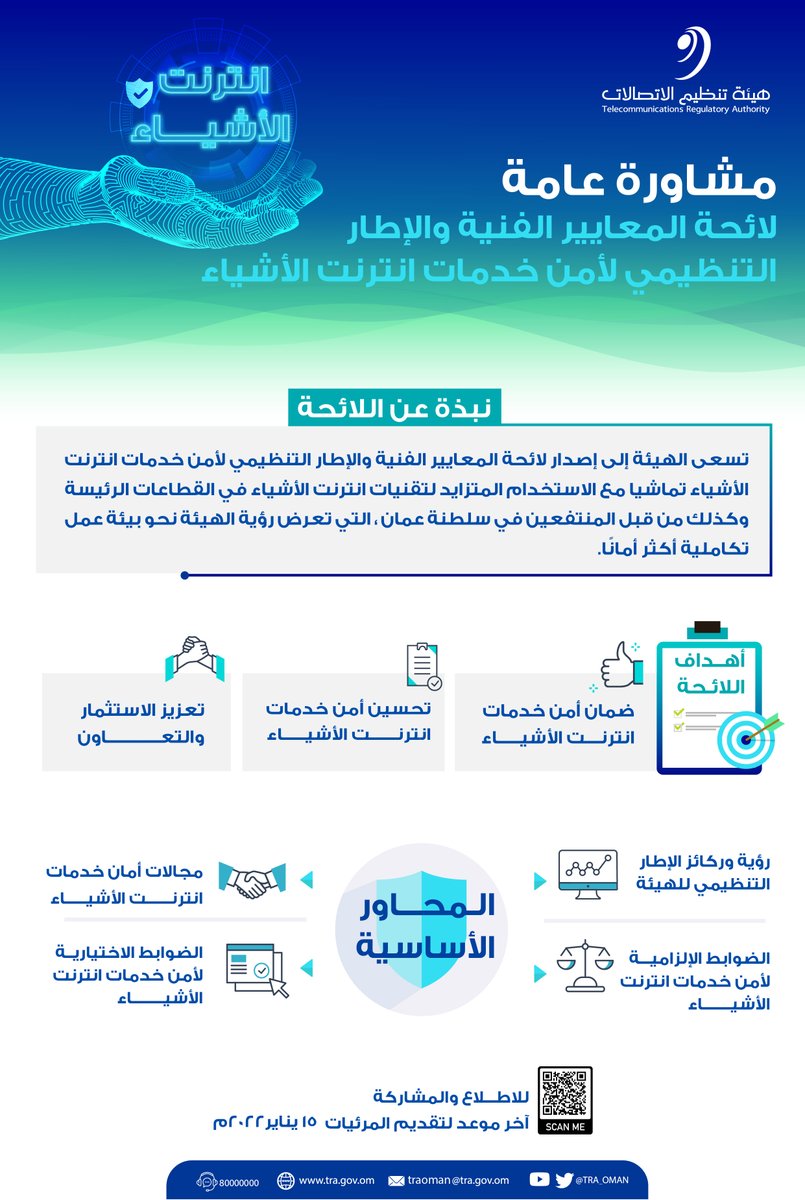 TRA_OMAN's tweet photo. #مشاورة_عامة تدعو الهيئة جميع المنتفعين بخدمات الاتصالات وأصحاب العلاقة إلى الإدلاء بمرئياتهم حول لائحة المعايير الفنية والإطار التنظيمي لأمن خدمات انترنت الأشياء ،  وتقديم المرئيات في موعد أقصاه 15 يناير 2022م.
 
https://t.co/gNz9ZAvyem

#بيئة_معززة_لمجتمع_رقمي https://t.co/9sCYAudef2