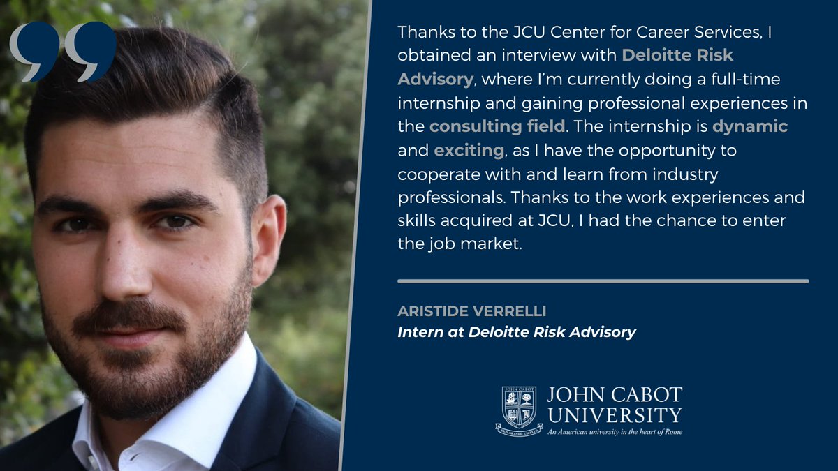 Internship Testimonial 🎙💼
Congratulations to Aristide Verrelli, JCU graduate in Economics and Finance!
Read more at bit.ly/3mMxjqB
#consulting #RiskAdvisory #finance #careerdevelopment