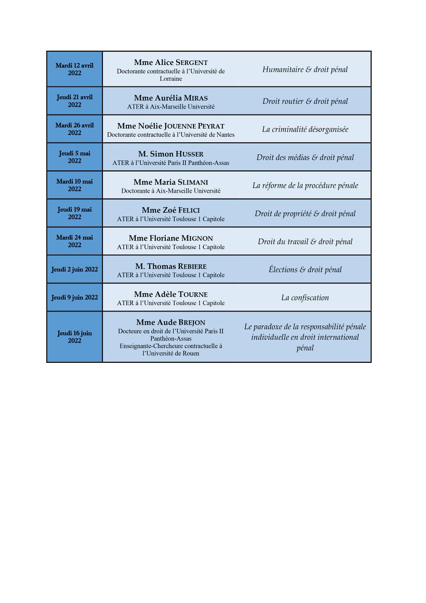 DarthCriminalis's tweet image. [VEILLES JURIDIQUES DE @ICRM_UT1] 
Les veilles juridiques de l&apos;ICRM vont reprendre dès janvier.
Voici le programme :