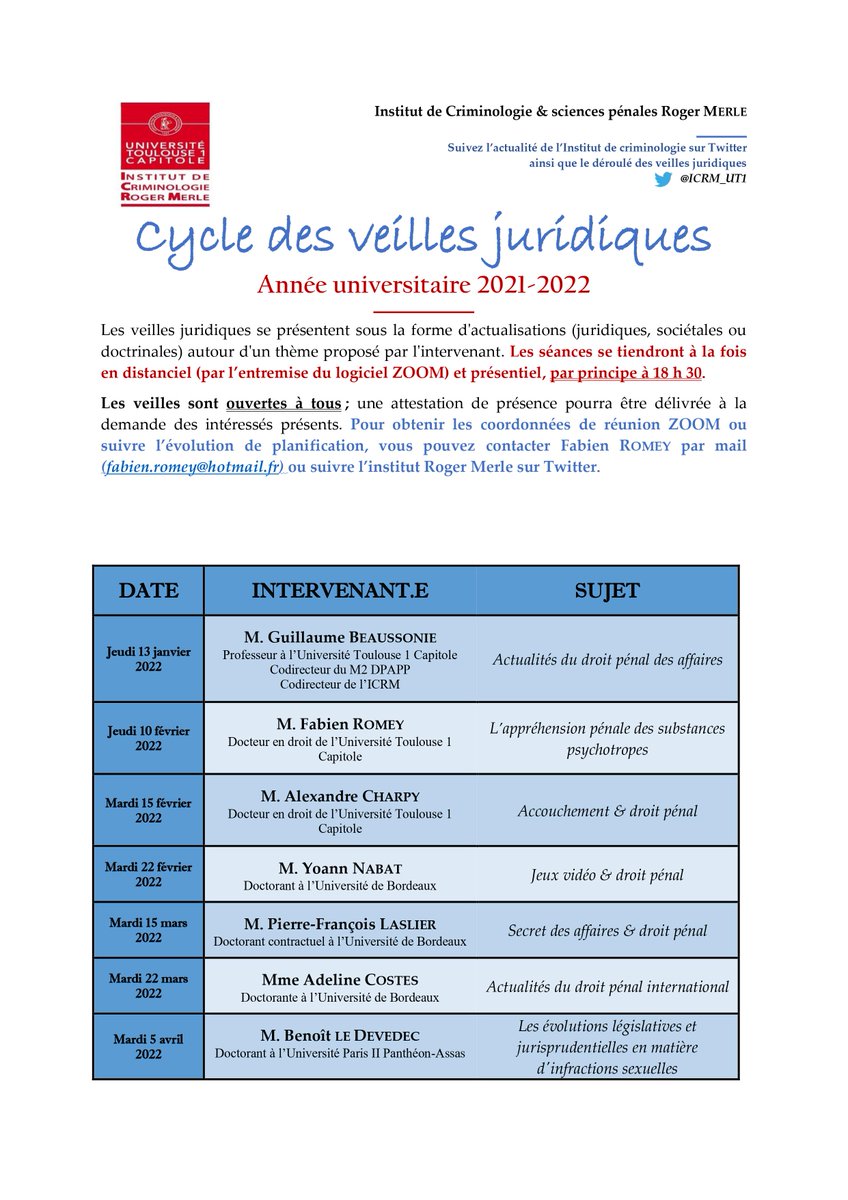 DarthCriminalis's tweet image. [VEILLES JURIDIQUES DE @ICRM_UT1] 
Les veilles juridiques de l&apos;ICRM vont reprendre dès janvier.
Voici le programme :