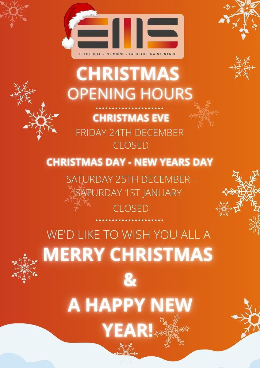 EMSServices2's tweet photo. 🎄🕛 Christmas Opening Hours 🕛🎄

This Christmas our head office will be closed from Friday 24th December will reopen on Tuesday 4th January. 

We will however still be operating our 24-hour emergency call-out services.

We wish you all a safe Christmas and a Happy New Year 🎄 https://t.co/Oxf1l27icg