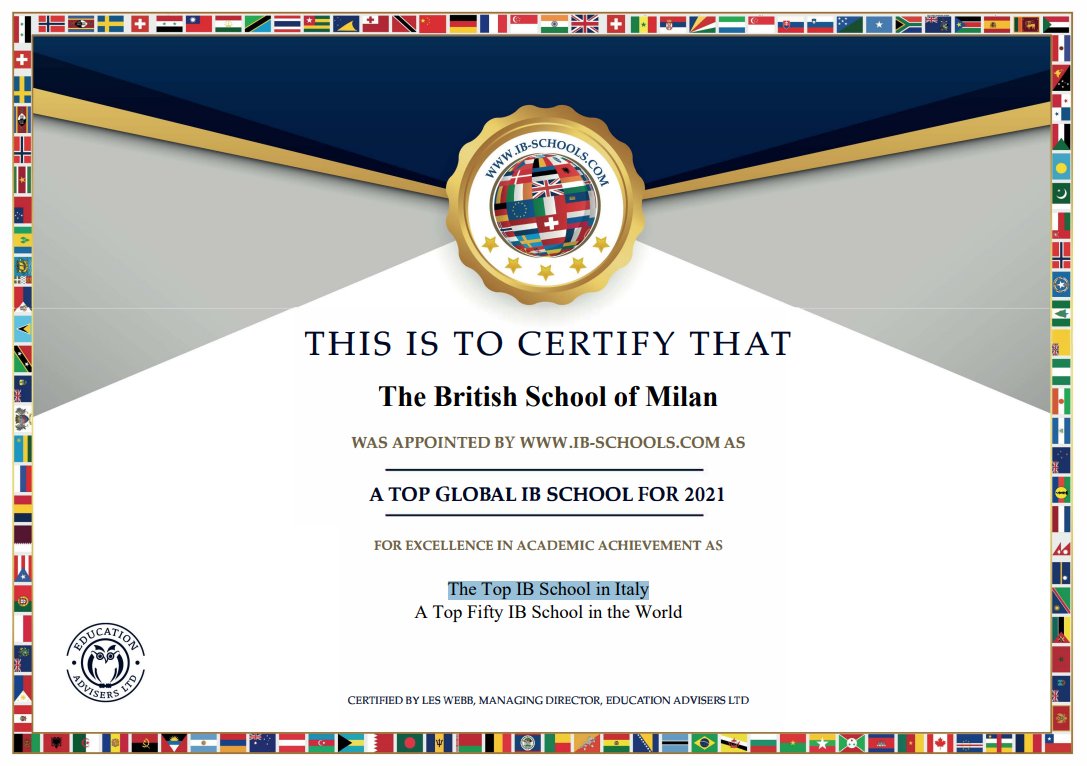 BritishSchoolMI's tweet photo. #IB Certificate: BSM The #TopIBSchool in Italy - We were delighted to receive the official certificate confirming that the BSM attained #Number1 position in the 2021 IB League Table for #Italy as well as being in the #Top50 in the world.
IB League Table: https://t.co/WCGgc7Hpn3 https://t.co/N0joTDP7c9