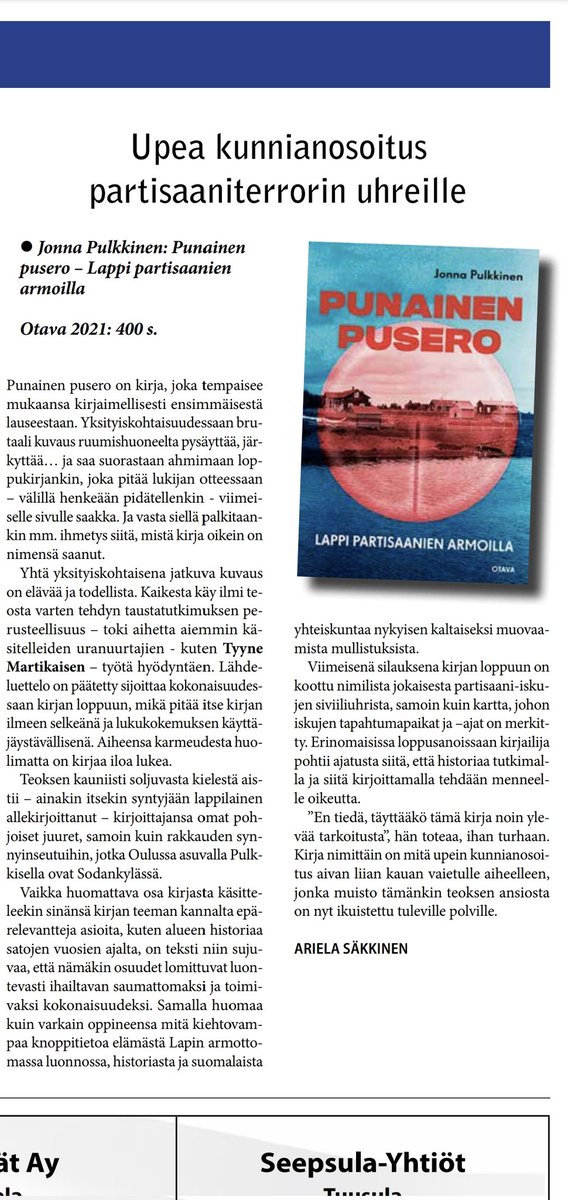 jormukka's tweet photo. SUURKIITOS @sotaveteraanit hienosta, hienosta arviosta! 🤩 Oon ihan sanaton! @OtavanKirjat #punainenpusero #neverstopthekirjamadness #lappi #sompio https://t.co/zFtoS63L1T