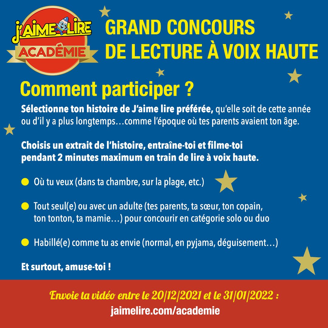 Votre enfant (7-10 ans) aime lire ? Super ! Le magazine J'aime lire organise la 1ère édition de "J’aime lire Académie : le grand concours de lecture à voix haute" organisé avec son parrain, le comédien <a href="/OmarSy/">Omar Sy</a>. 

Plus d'infos sur notre site 👉
bit.ly/3F4fyek
<a href="/DSauliere/">Delphine Saulière</a>