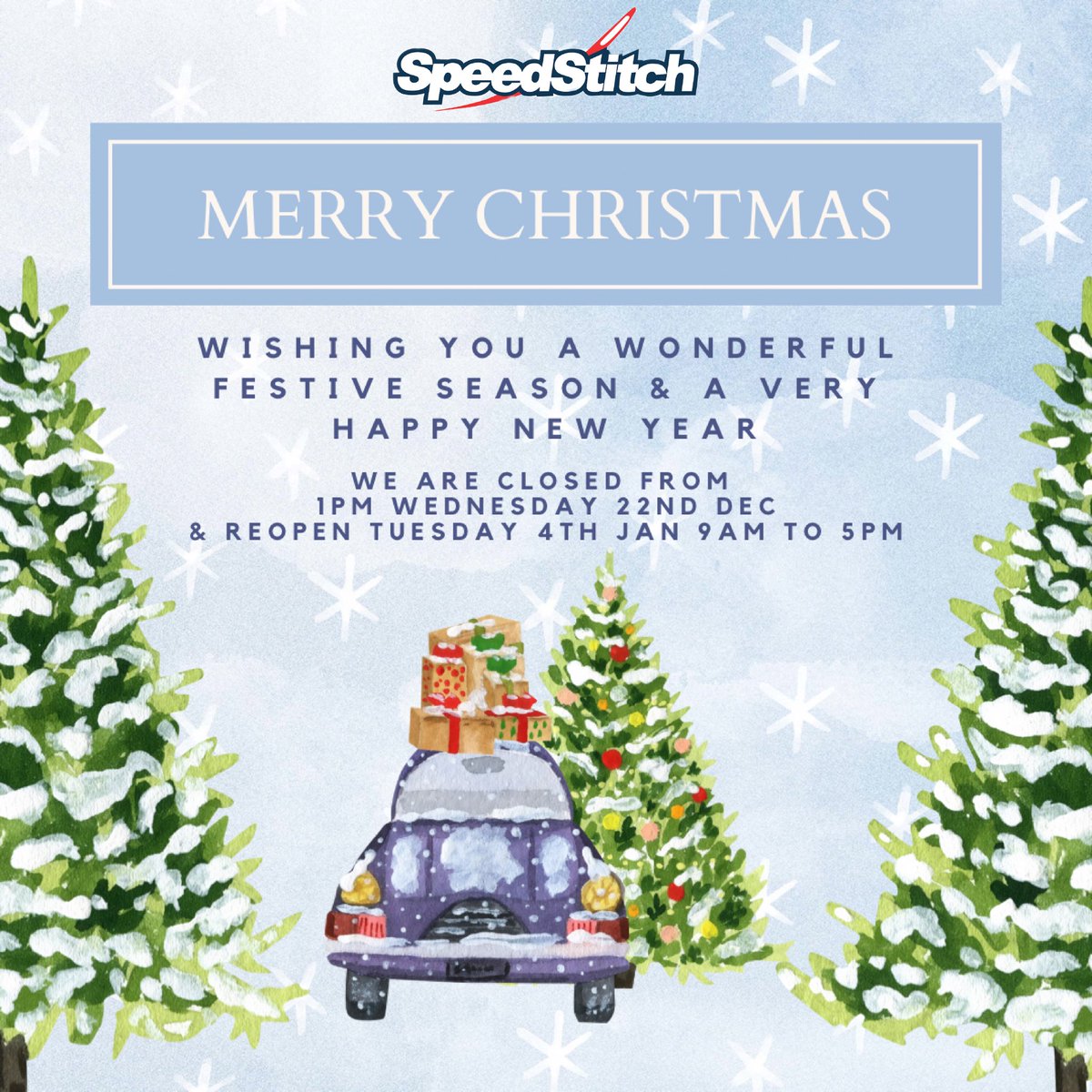 Speedstitch's tweet photo. ✨M E R R Y • C H R I S T M A S✨
…from all of us @speedstitch 🎄❤️
Thank you for your continued custom &amp; support throughout the year 🙏🏼

Our Christmas opening times are:

⏰ Wednesday 22nd Dec 9am-1pm

❌ Closed 23rd Dec - 3rd Jan 

⏰ Re-opening Tuesday 4th January 9am to 5pm https://t.co/cTE8BofgcW