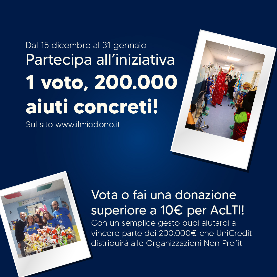 AcLTI's tweet photo. Dal 15 dicembre al 31 gennaio 2022 aiutaci anche tu! 
Partecipa all'iniziativa "1 Voto, 200.000 aiuti concreti" sul sito https://t.co/Snj60Jlf9I! Anche quest'anno UniCredit distribuirà 200.000€ alle Organizzazioni Non Profit con il maggior numero di voti o donazioni. https://t.co/BaQnTuf5Ps