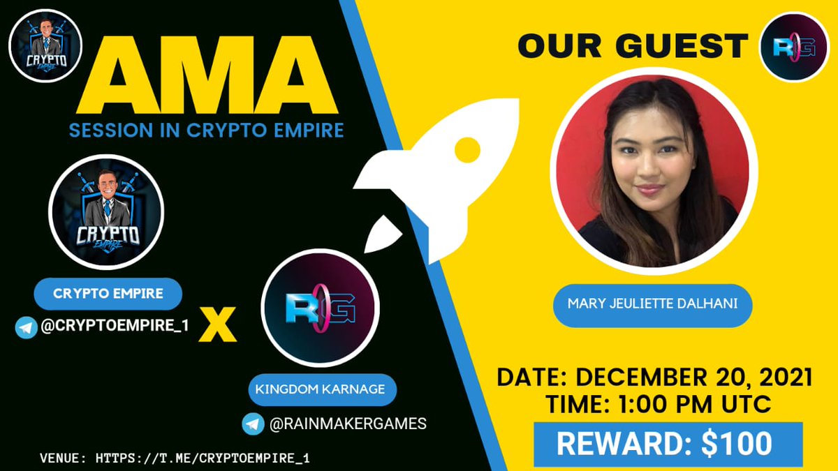 🎙️We're pleased to announce our next #AMA with Rain_Maker on 20Dec at 1:00 PM UTC 💰RewardsPool: $100 🏠Venue: t.me/cryptoEmpire_1 〽️Rules: 1⃣ Follow @Crypto_empire1 & @RainmakerGaming 2⃣ Like & RT 3⃣ Comment Max 3 Que & Tag 3 Friends #BSC #Airdrop #cryptocurrency