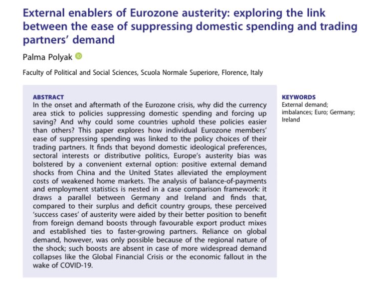 palmapolyak's tweet photo. 🚨NEW PAPER🚨
My first publication is out!@NPEjournal
I look at the #ExternalEnablers of the Eurozone's austerity bias: positive demand shocks from the US & China that blunted the fallout from weak home markets (for some)
Thread & a holiday read👇🎄
https://t.co/T8g9AfZurh https://t.co/Homxe4zkfh