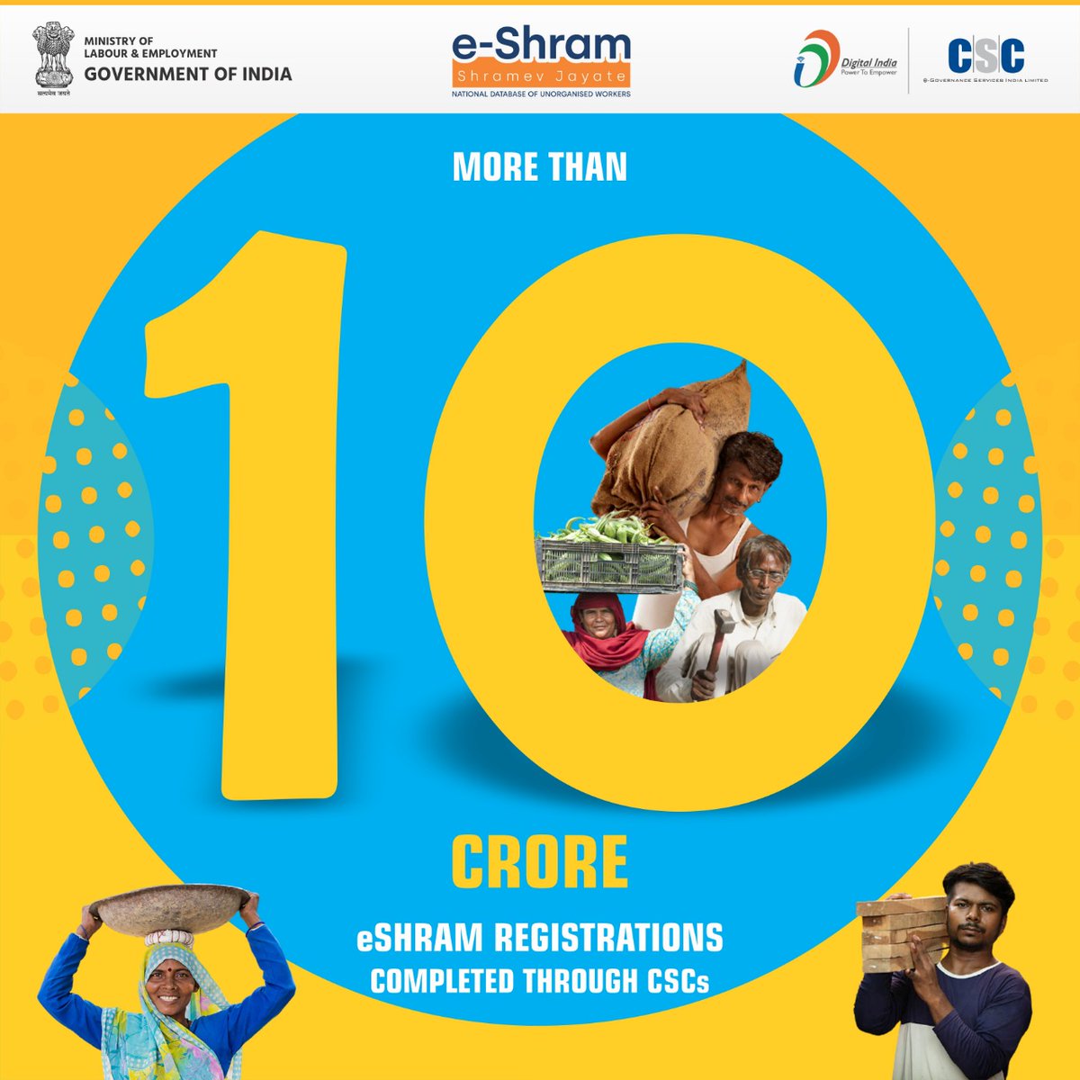 Congratulations!!

More than 10 Crore e-Shram Registrations completed through #CSC...

#DigitalIndia #eShram #RuralEmpowerment #eShramDrive #MondayMotivation #mondaythoughts #Mondayvibes