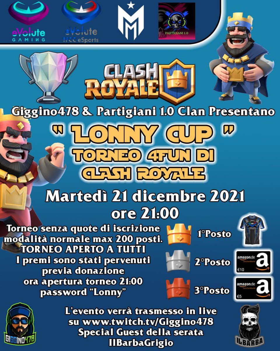EsportsSee's tweet photo. Martedì ore 21:00 per tutti gli amanti di Clash Royale @Giggino478 presenta la 
LONNY CUP 🤩
#ClashRoyale #Supercell
Torneo realizzato in memoria di un grande streamer che ormai ha lasciato il palcoscenico delle live di Clash Royale @Lonny_cr https://t.co/m9cdgahdoJ