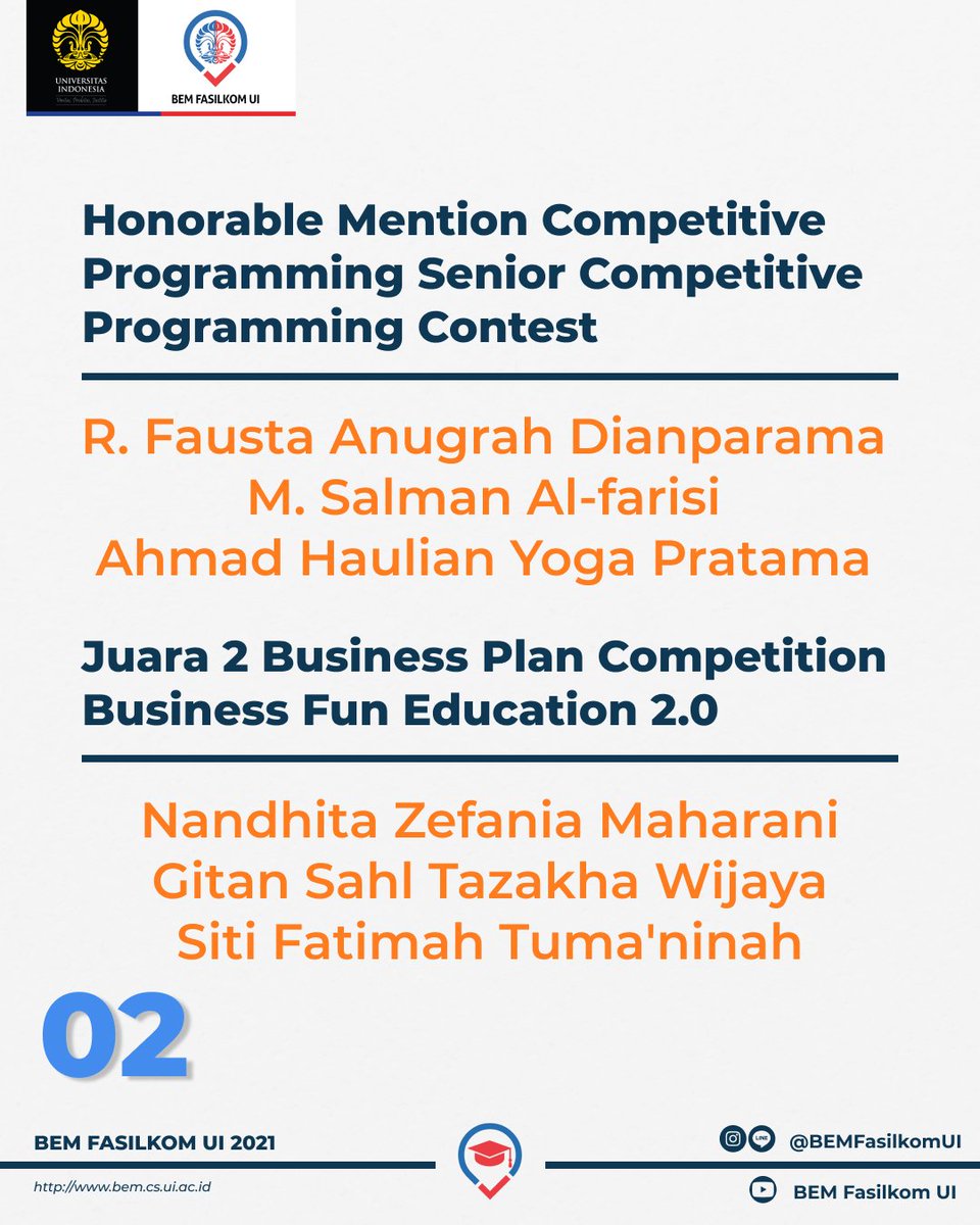 KontingenCSUI's tweet photo. Kali ini, departemen Keilmuan ingin menyampaikan PRESTASI MAHASISWA FASILKOM UI BULAN SEPTEMBER HINGGA PERTENGAHAN OKTOBER 2021🏆 

Selamat bagi para mahasiswa yang telah memenangkan kompetisi dan membawa nama baik Fasilkom UI🥳 https://t.co/hatF1CXkpg