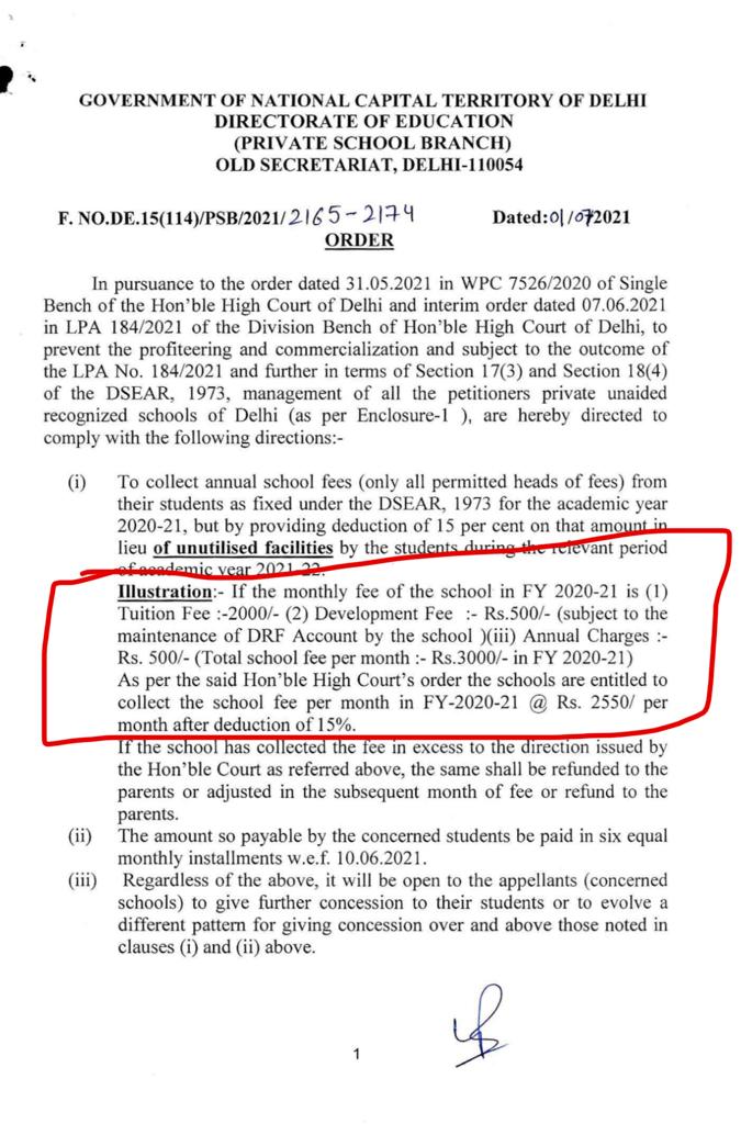 EvryPaisaMatter's tweet photo. As per DOE Circular, Govt. of Delhi dt. 1/7/21, Schools were to give 15% deduction on total of Tuition Fee,Dev Fee,Annual Chgs. Hwvr they hv given the same only on Dev Fee and Annual Chgs and now gving ULTIMATUM 2 strike off the name of our kids. Plz Hlp
@msisodia @ArvindKejriwal https://t.co/8brE2Bulip