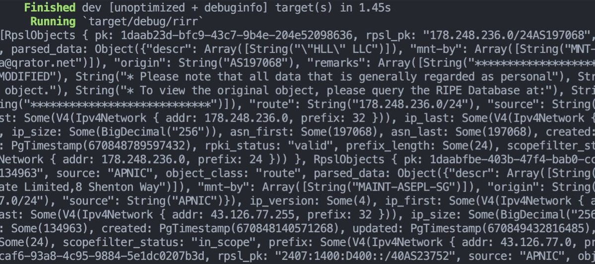 Currently just fucking around and finding out while deepening my love-hate for strongly typed languages and the borrow checker, but maybe some day replacing irrd.net query interface (part w/ highest performance need, lowest complexity) with a Rust implementation 🦀