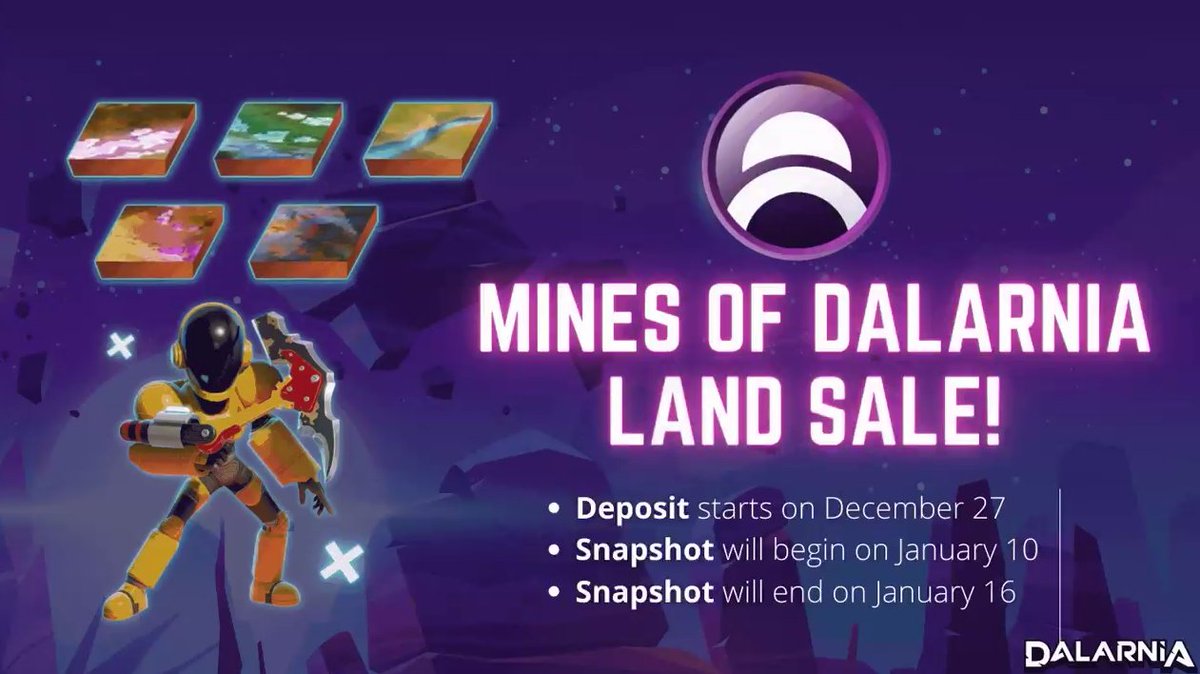 ICODrops's tweet photo. .@MinesOfDalarnia has announced the Land Sale.

Users will have to deposit 100 $DAR. 
Deposit: on December 27th
Snapshots: on January 10th - on January 16th

https://t.co/zTt2ZPqZgj https://t.co/9NEKqZBGIk