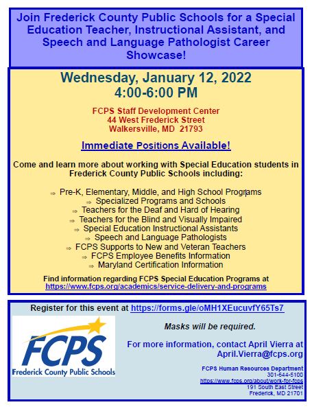 apvierra's tweet photo. FCPS, MD will host a special education showcase and job fair on January 12, 2022 at the FCPS Staff Development Center, from 4:00-6:00. Come learn more about our programs &amp; current teaching and support positions. Register at: https://t.co/CUrrznVgRt @fcpsjobs #joinFRED https://t.co/fe8QK89909