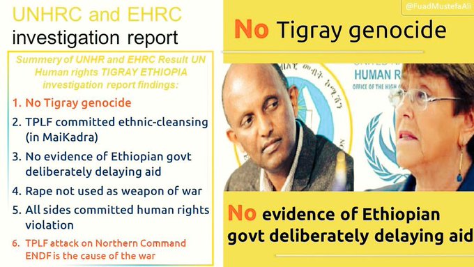 <a href="/reda_getachew/">Getachew K Reda</a> Ref.- UN Human rights investigation report findings: 
1. No Tigray genocide  
2. Only TPLF  committed ethnic-cleansing (in Mai Kadra)
3. No evidence of #Ethiopian govt deliberately delaying aid 
4. Rape not used as weapon of war 
5. All sides committed human rights violation