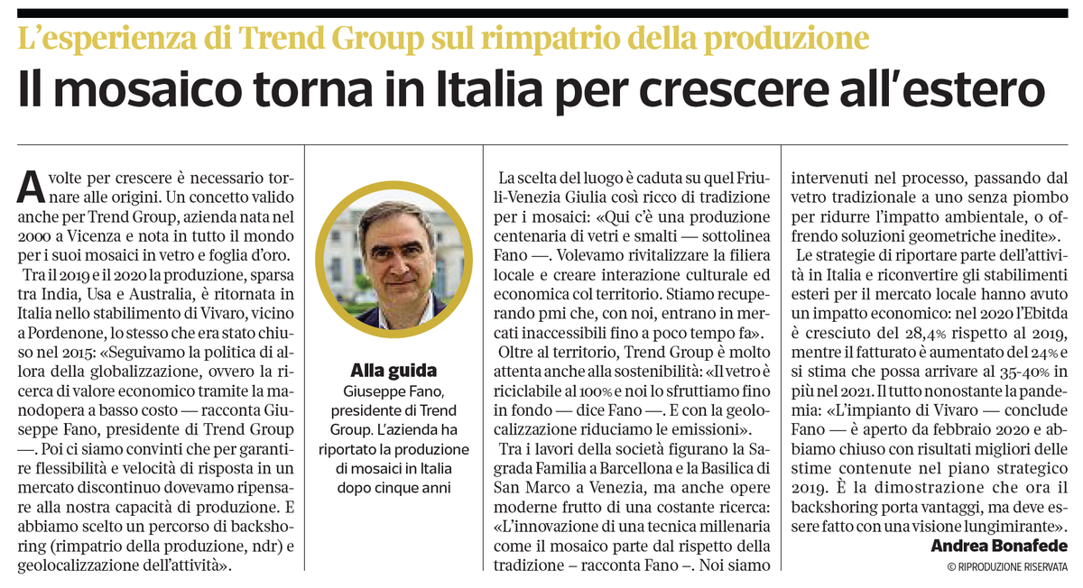 TrendGroup's tweet photo. «Abbiamo chiuso con risultati migliori delle stime contenute nel piano strategico 2019. È la dimostrazione che ora il #backshoring porta vantaggi, ma deve essere fatto con una visione lungimirante».

L'intervista al nostro Presidente Giuseppe Fano oggi su @L_Economia. https://t.co/8t7MvGSzXm