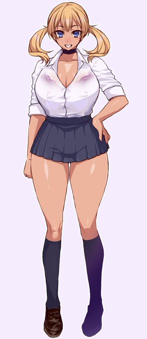 ムチムチギャル系カードバトラー幼馴染ちゃん(非処女)の制服姿です。スカートが短い?この世界のギャルはこれくらいがノーマルです。前かがみになるとお尻ぱんつが丸見えになるのもデフォルトです。やったね。アングル的に主人公君よりクラスの男子の方が彼女のパンチラをよく見ているという設定。 