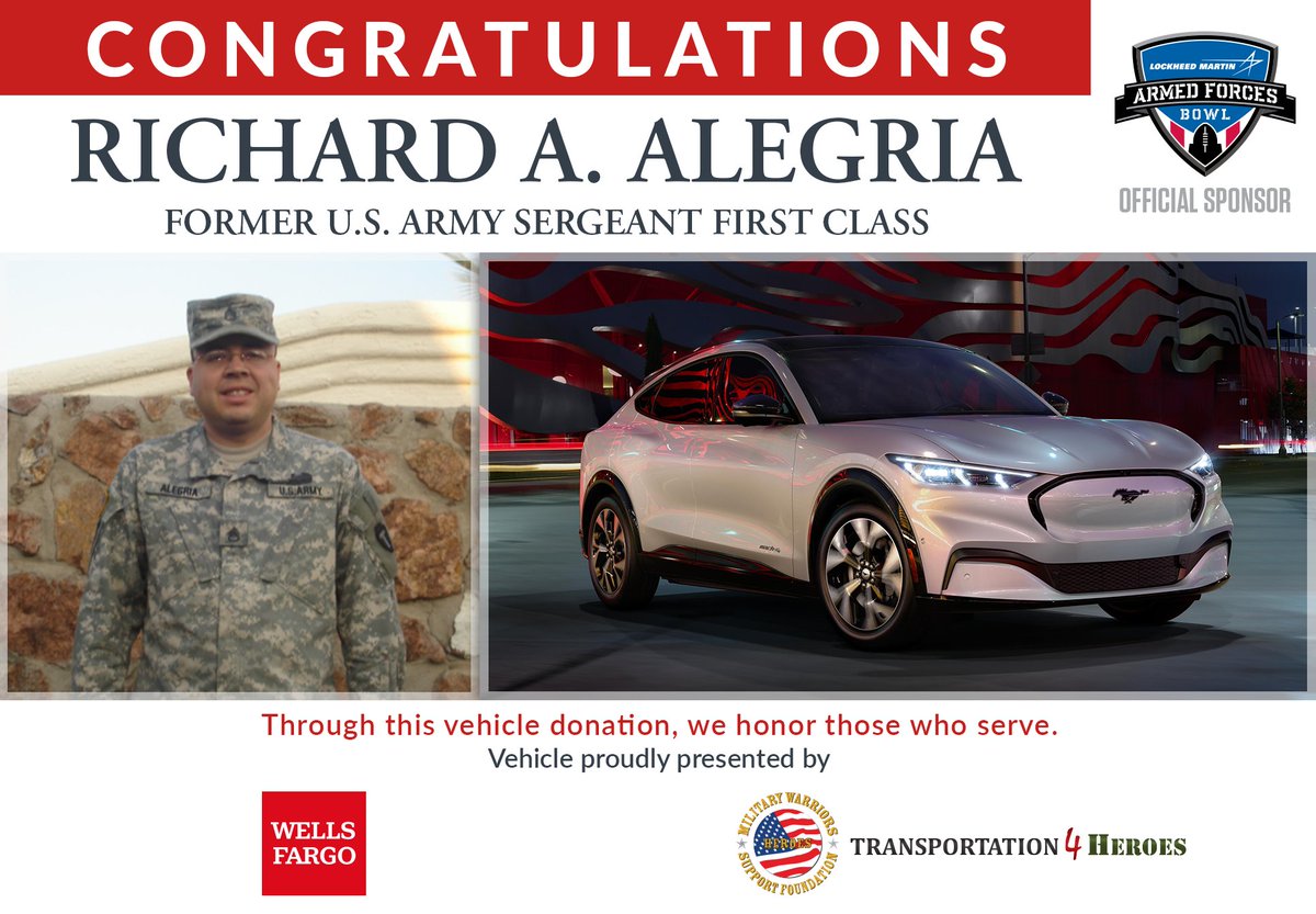 At this year's <a href="/ArmedForcesBowl/">LM Armed Forces Bowl</a>. We are working together with <a href="/WellsFargo/">Wells Fargo</a> to get an #ArmyVet #BackontheRoad w/ a 2021 Ford Mustang Mach-E. #EV Learn more about this event here: news.militarywarriors.org/2021/12/combat… #HelpingHeroes #Transportation4Heroes