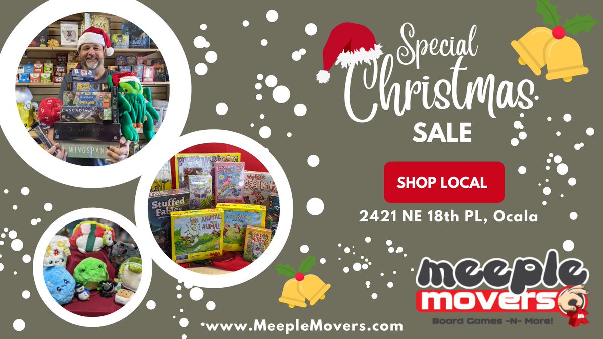 MeepleMovers's tweet photo. 5 days till Christmas?  No problem. #shoplocal with Meeple Movers. We can help you find gifts that family and friends will enjoy for years to come!

2421 NE 18th PL, Ocala FL 34470
Store Hours: Tuesday - Saturday, 12pm - 5pm https://t.co/iu6Gfm32Dz