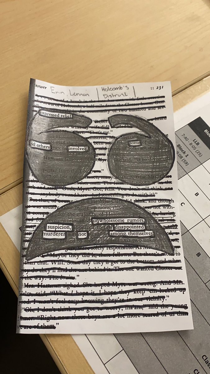jtones_206's tweet photo. Blackout poem to represent In Cold Blood and the distrust the town of Holcomb felt after the murders. cool way to show analysis and understanding of a text! #poetry #creativity #readandcreate https://t.co/NXiSODaBat