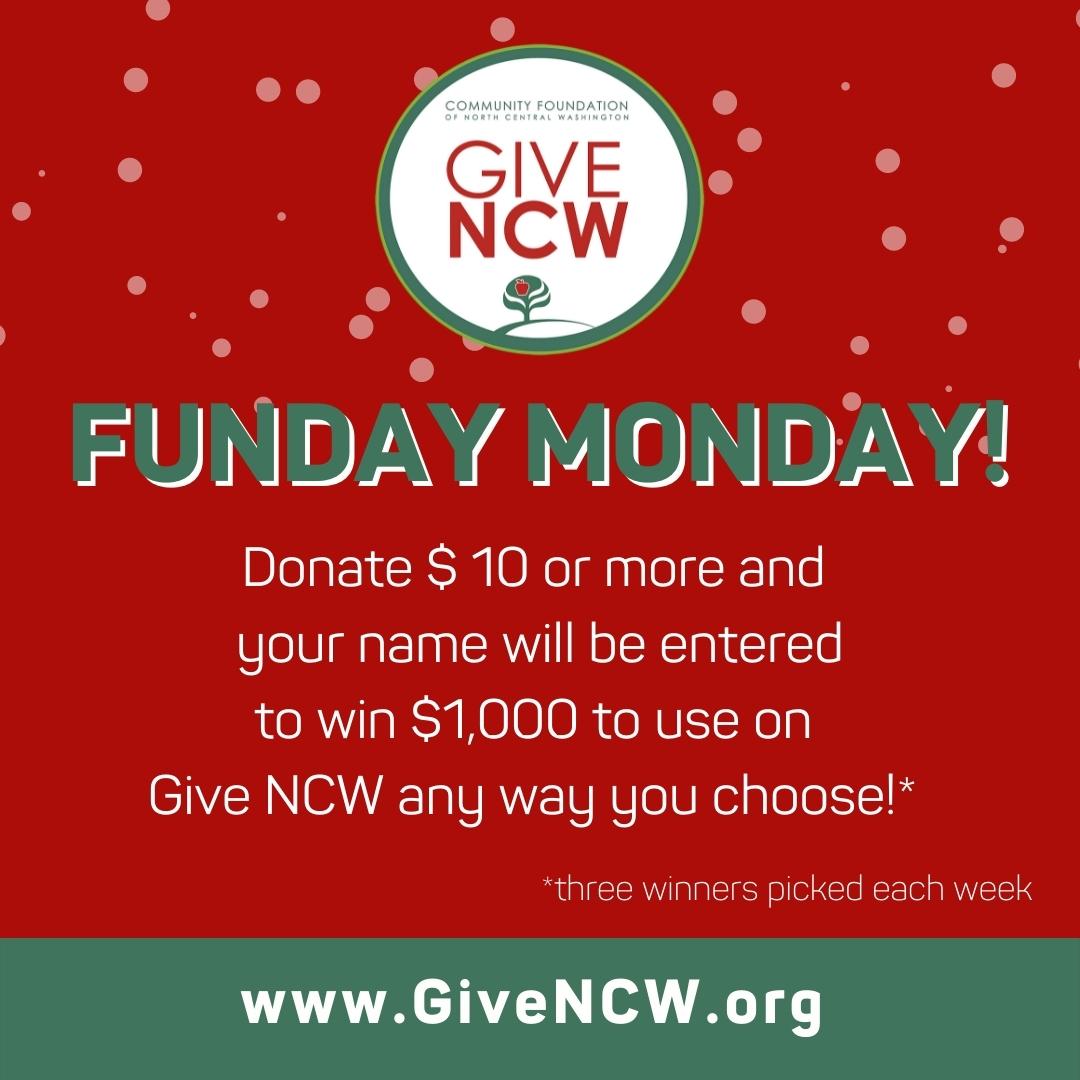 cfncw's tweet photo. #FundayMonday is here and it's a great opportunity to GIVE. #GiveNCW, that is! Donate $10 or more to any organization this week and your name will be entered to win $1,000 to use on Give NCW. Three winners will be announced later this week. 🎁 💵 💖 https://t.co/DL6VpeQBDV