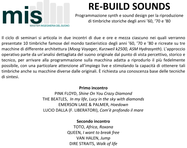 MasterSuono's tweet photo. Seminari Master Suono 2022: RE-BUILD SOUNDS. Programmazione synth e sound design per la riproduzione di timbriche storiche degli anni ’60, ‘70 e ‘80. Seguiteci su https://t.co/PWYkgKG6NL https://t.co/2Suv2fGhWK