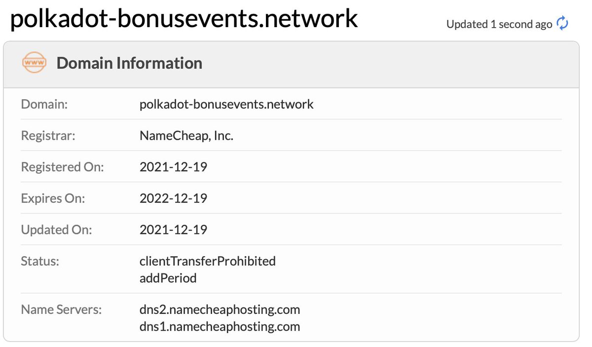 Giveaway scam:
polkadot-bonusevents[.]network

<a href="/Namecheap/">Namecheap.com</a> Please take it down