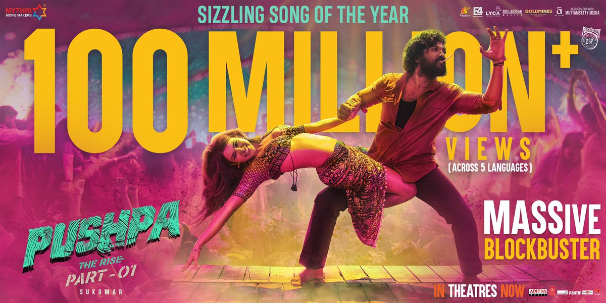 E4Emovies's tweet photo. The theaters are erupting for the SIZZLING SONG OF THE YEAR 💥

Massive 100M views &amp; counting on YouTube 🔥

▶️  https://t.co/tEOr677Rjs

#PushpaBoxOfficeSensation

@alluarjun @Samanthaprabhu2 @aryasukku @ThisIsDSP @adityamusic @TSeries @MythriOfficial @e4echennai @E4Emovies https://t.co/CzrZHJQrDO