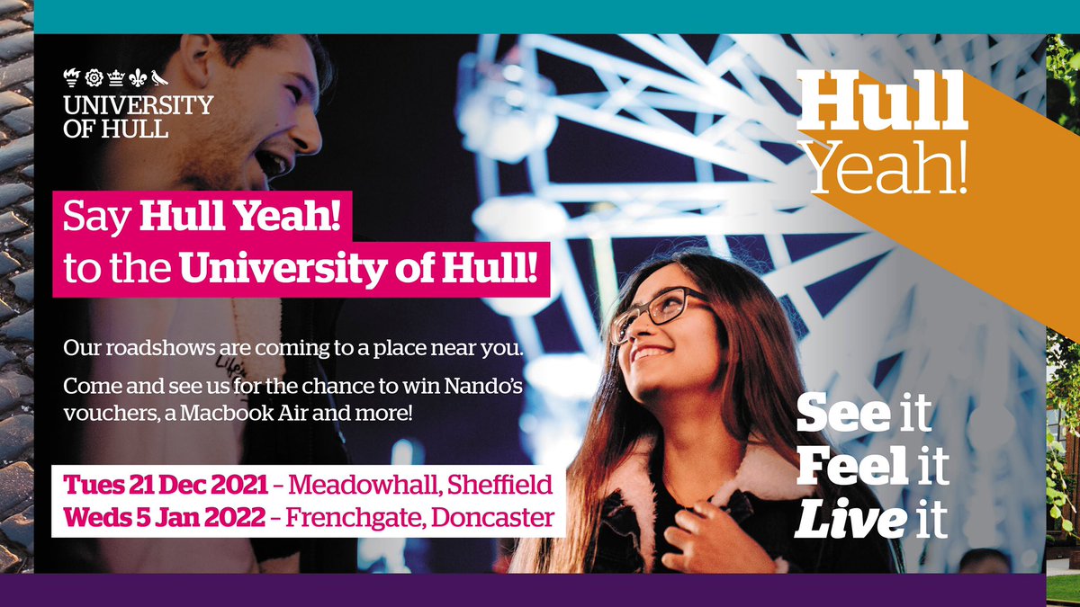 University of Hull (@uniofhull) on Twitter photo We’re excited for our latest roadshow this week, the first of our upcoming visits to South Yorkshire!
Come say hello to us <a href="/LoveMeadowhall/">Meadowhall</a> in Sheffield tomorrow and say #HullYeah to the University of Hull!
Plus, your chance to win Nando’s vouchers, a MacBook Air and more! We’re excited for our latest roadshow this week, the first of our upcoming visits to South Yorkshire!
Come say hello to us <a href="/LoveMeadowhall/">Meadowhall</a> in Sheffield tomorrow and say #HullYeah to the University of Hull!
Plus, your chance to win Nando’s vouchers, a MacBook Air and more!