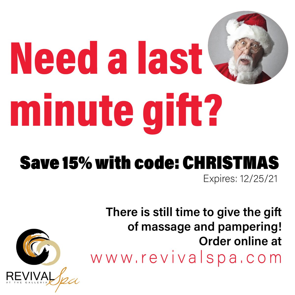 Snag a last minute gift and save 15% with code CHRISTMAS!

Simply visit us at revivalspa.com today!