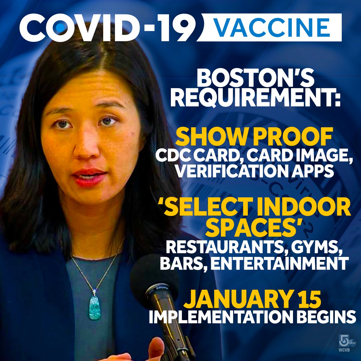 WCVB's tweet image. BREAKING: #Boston is implementing a #COVID19 #VaccinePassport program for &quot;select indoor public spaces&quot; like restaurants, bars and gyms. The program begins next month. wcvb.com/article/boston…