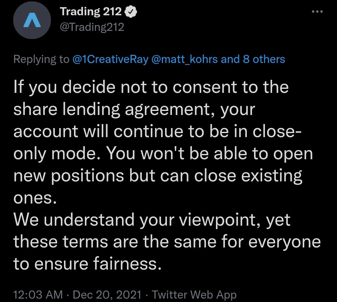 $AMC anyone using Trading 212 broker, all your shares are being lent out to short. The only way to disable this is to opt out of the program, but you will be restricted from opening new positions, and can only close positions. Meaning 100% of active accts are helping the shorts.