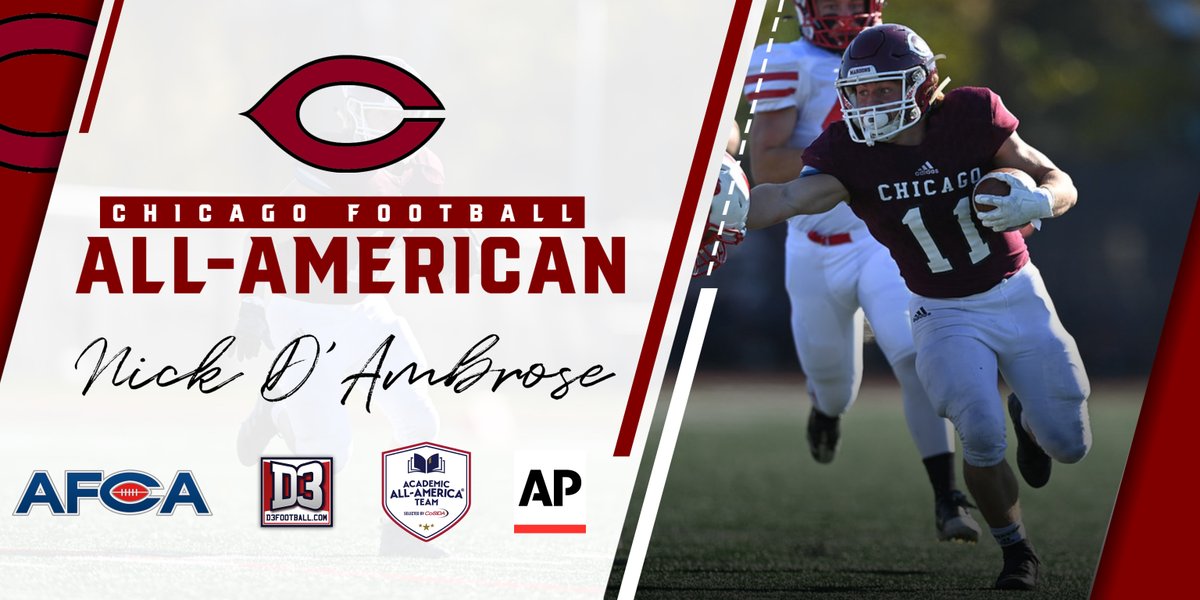 UChicagoFB's tweet photo. Nick D'Ambrose is the ONLY player in Division 3 Football to be named...
🥇FIRST TEAM AFCA ALL-AMERICAN @WeAreAFCA 
🥇FIRST TEAM https://t.co/MFmRuKUYBl ALL AMERICAN @d3football 
🥇FIRST TEAM COSIDA ACADEMIC ALL-AMERICAN @CoSIDAAcadAA 
🥇FIRST TEAM AP ALL-AMERICAN @AP 
#maroonmade https://t.co/03Q9yKe4Wu