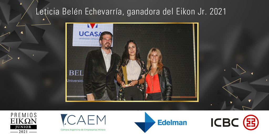 El premio Eikon Jr 2021 se lo llevó Leticia Belén Echeverría.  
La ganadora obtuvo como premio a su creatividad una pasantía rentada en <a href="/EdelmanBA/">Edelman Buenos Aires</a> 
La propuesta de este año contó con el auspicio de la CAEM, la Cámara Argentina de Empresarios Mineros, y el banco ICBC.  
#eikon2021