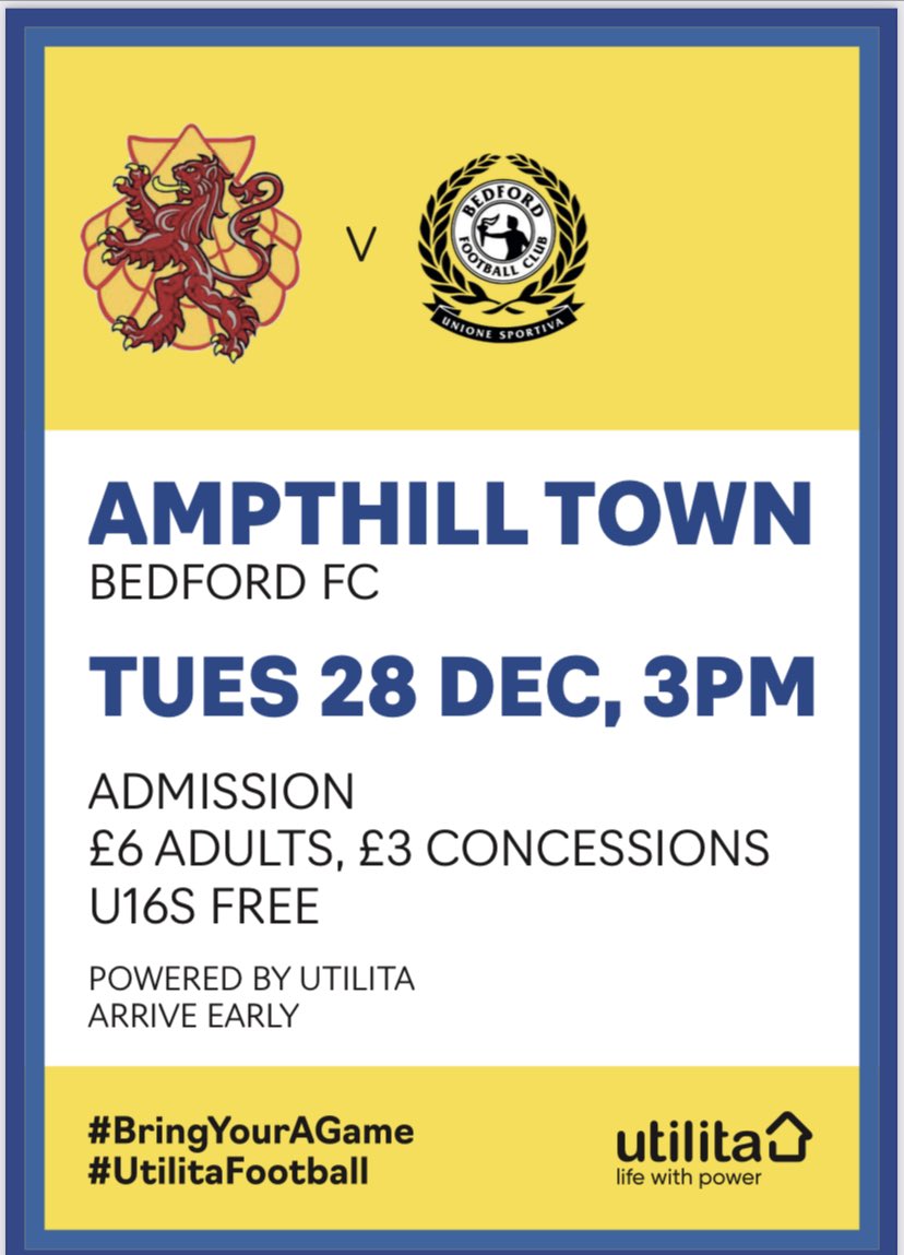 FESTIVE FOOTBALL: Amps entertain <a href="/fc_bedford/">Bedford FC</a> on Tuesday 28th 3pm Kick off at the Park Stadium, Ampthill. #COYA💛💙 <a href="/UtilitaEnergy/">Utilita</a> <a href="/Anco_Ltd/">Anco Dog Treats</a> <a href="/AmpthillArmy/">Ampthill Army!</a> <a href="/Little_Amps/">Lil Amps</a> <a href="/ampthillinfo/">Ampthill.Info</a> <a href="/SpartanSMFL/">Spartan South Midlands</a> <a href="/BedsFA/">Bedfordshire FA</a> <a href="/LutonTown/">Luton Town FC</a> <a href="/wearelutontown/">We Are Luton Town</a>