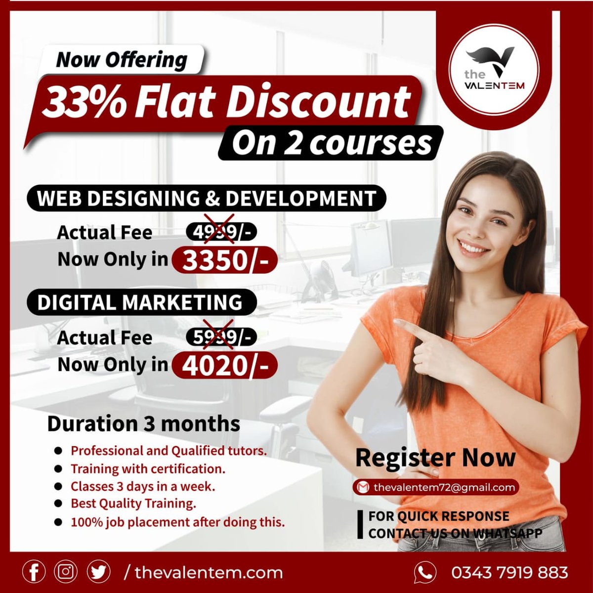 TValentem's tweet photo. Discount
Discount 🥳
Get 33% Flat Discount on  Most demanded Courses.
WEB DESIGNING AND DEVELOPMENT 
Web development offers high salaries, flexibility, and versatility. You can start earning from home or from anywhere. 

Contact :
+92-343-7919-883
https://t.co/5m3Ipk8fad https://t.co/1nU2gnuLrY