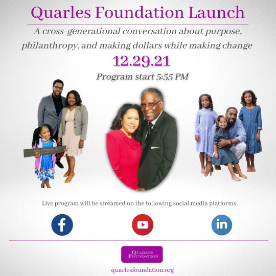 Join the Quarles Foundation for a virtual launch on December 29th at 5:55 PM**. Program will stream live on YouTube, LinkedIn, and Facebook (FB link will be circulated in a couple of days).
 YouTube: youtube.com/watch?v=EVfGb1… LinkedIn: linkedin.com/video/event/ur…