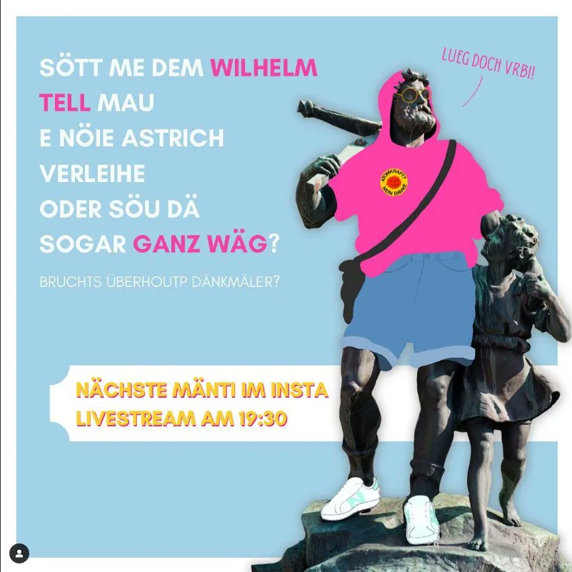 «Ein neuer Anstrich für #WilhelmTell?» 🖍️
Heute Abend 19:30 💬 #Live-Diskussion auf unserem Instagram-Kanal für #Berufslernende #ProfDrFuchs zum Thema #Denkmaeler. 🗽
Mit: @D1scourseJockey und Christina Graf von der <a href="/SAGW_CH/">SAGW</a>

Seid mit dabei: bit.ly/2OlX00I