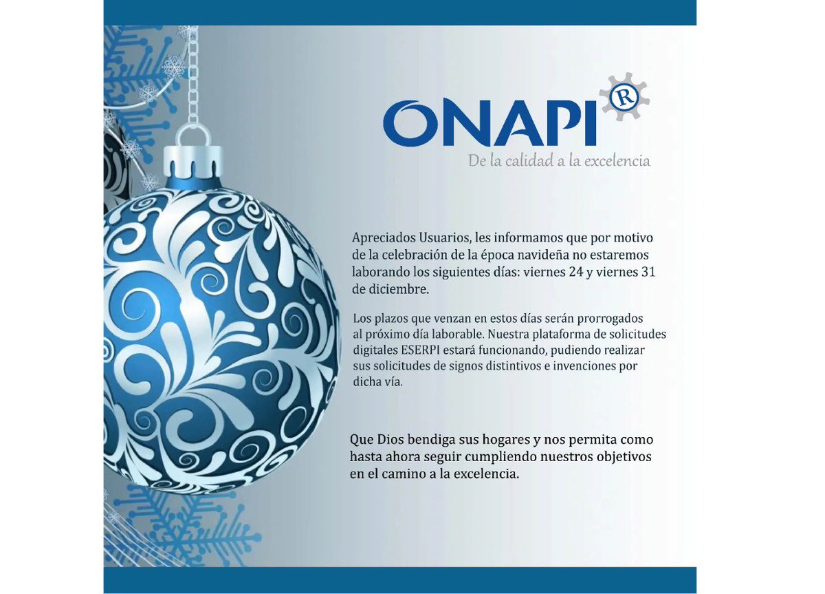 OnapiRD's tweet photo. ¡AVISO!
#ONAPIteinforma
#FelizNavidad https://t.co/f9dnonEzbW