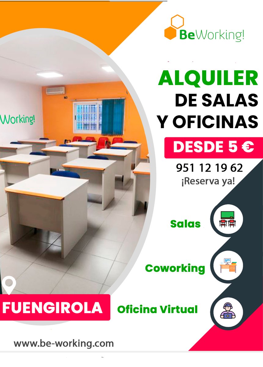 Nueva Apertura Fuengirola!
1️⃣Alquiler de Oficinas y salas en Fuengirola.
2️⃣¡Abierto de lunes a domingo!
3️⃣ Sin permanencias ni depósitos
4️⃣ Precios sin Competencia.

🟠Salas y aulas desde 5€/hora
🟠Mesa de trabajo 70 €/mes
🟠Oficina Virtual 18€/mes

#coworking #coworkingspace