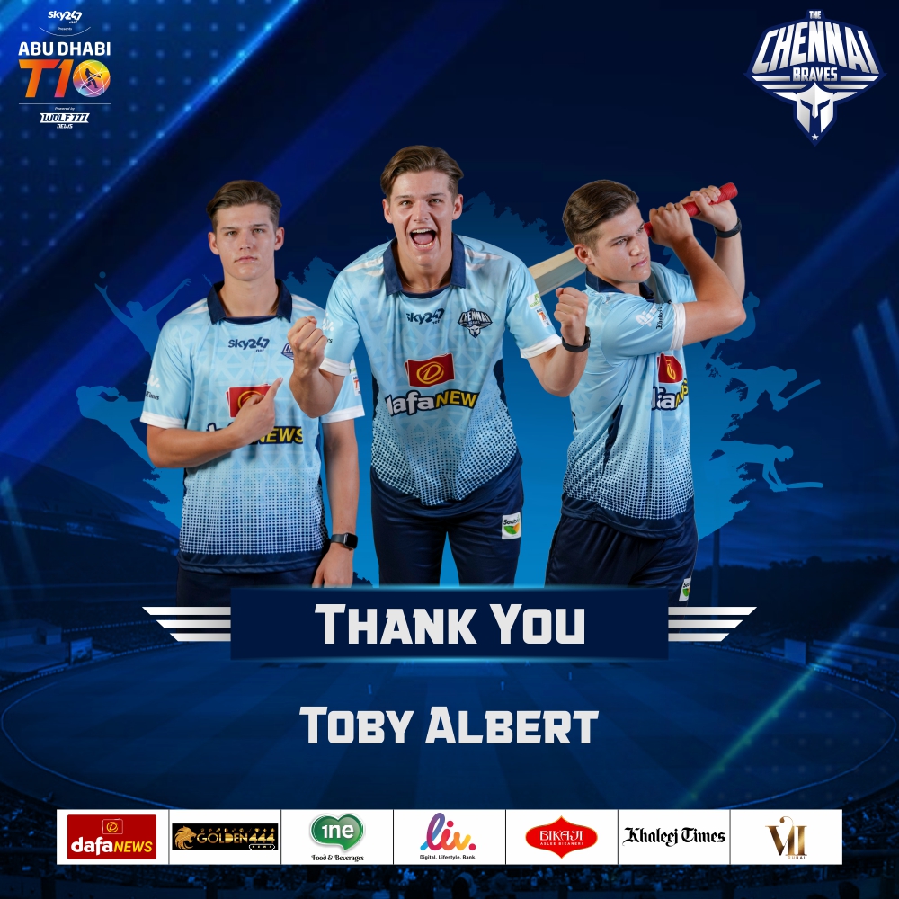 chennaibravesae's tweet photo. Thank You Toby Albert for being a part of The Chennai Braves for T10 League, Season 5. It was our immense pleasure to have you on board!
@T10League @tobyalbert7 

#abudhabit10 #cricketteam #landofthebraves #t10league #thechennaibraves #TobyAlbert https://t.co/nvE457lmeC