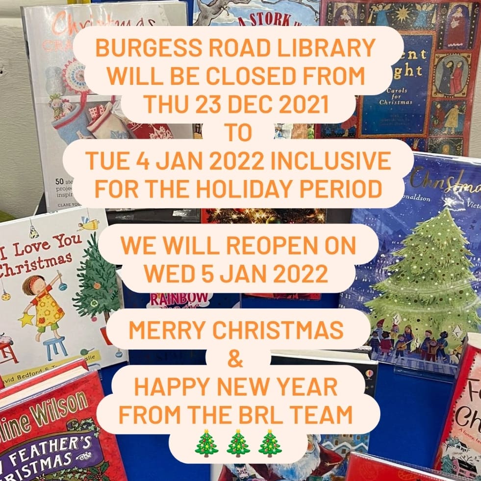 BurgRdLibrary's tweet photo. 🎅Ho ho ho happy holidays! 

A reminder that your last chance to visit the library before we close for the holiday is WED 22 DEC 2021, 12pm-5pm. 

We will re-open on WED 5 JAN 2022!

#Library #Volunteering #Southampton #Hampshire  #Christmas2021 #NewYear2022 #HappyNewYear https://t.co/gMDw5IIRrx