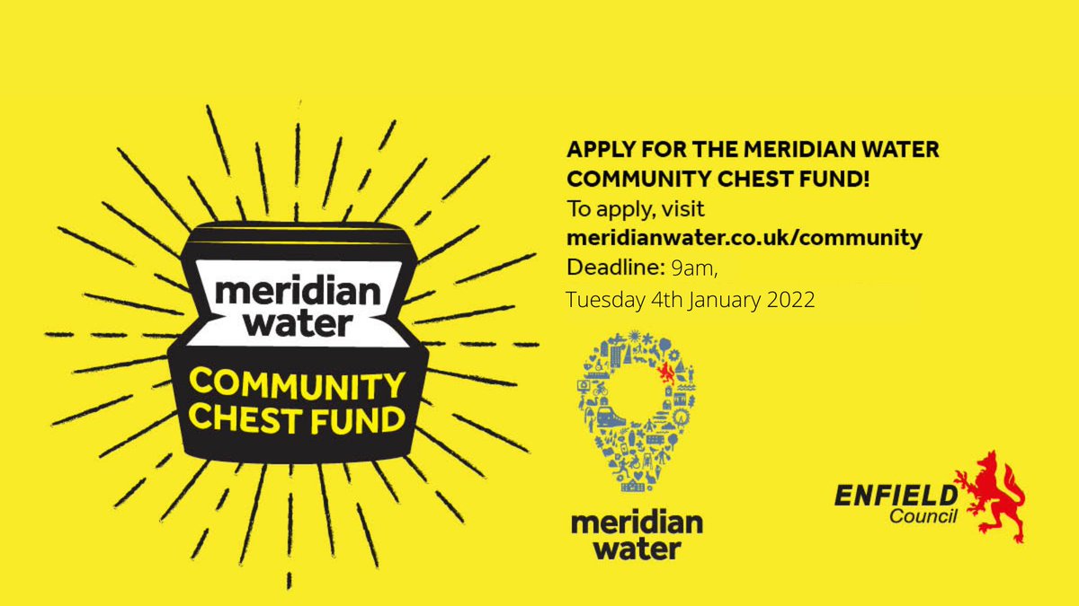 MeridianWater's tweet photo. Deadline extended for the Meridian Water Community Chest!
@EnfieldCouncil has launched a new fund aimed at community groups, schools and not-for-profits working in Edmonton.
NEW deadline: Tuesday 4th January 2022
Apply here: https://t.co/YxMrJ8bTtW
#MWCommunityChest https://t.co/aaJbJAkNj0