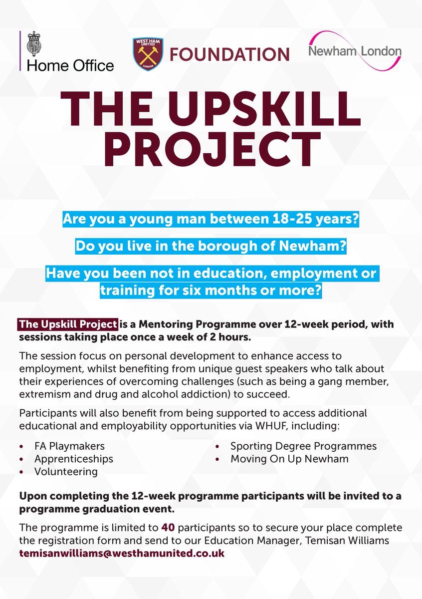 WHUFoundation's tweet photo. Our #UpskillProgramme is a 12-week mentoring programme focusing on personal development.
If you are:
✅ A young man between 18-25 years
✅ Living in the borough of #Newham
✅ Have not been in education, employment or training for six months or more
More information 👇 https://t.co/DvjjZ5bk0J
