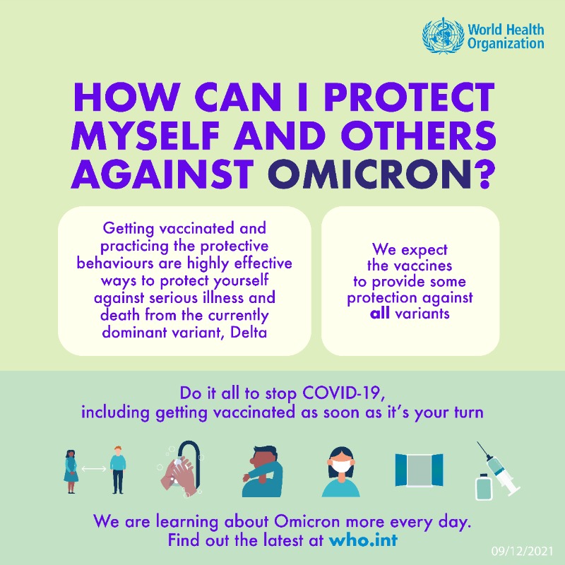 WHO's tweet photo. Omicron is a variant of the virus that causes #COVID19. To protect yourself and others:

💉 Get vaccinated as soon as it's your turn
😷 #WearAMask
↔️ Keep physical distance and avoid crowds
🪟 Open windows
💪 Cough/sneeze into your elbow
👐 Clean your hands
