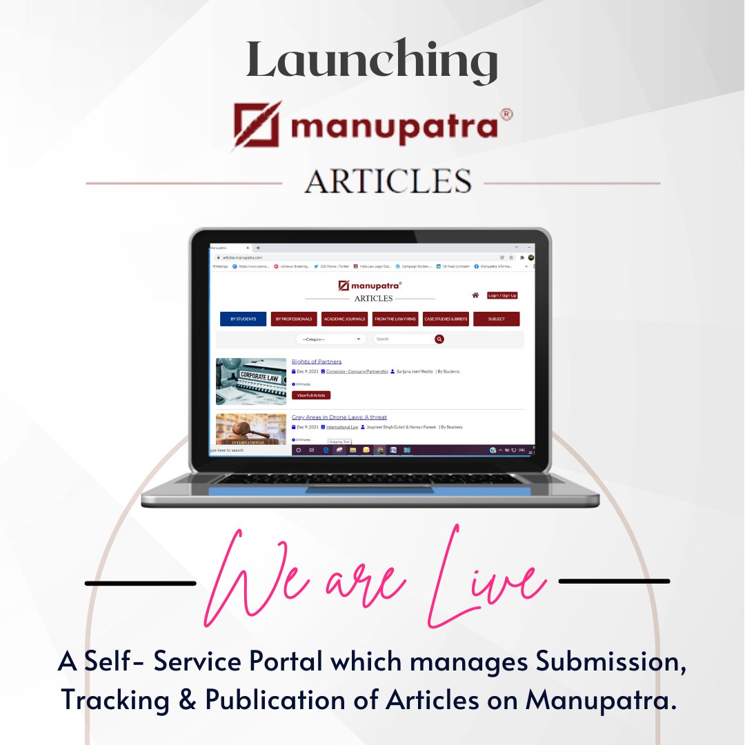 manupatrainfo's tweet photo. Launching 𝐌𝐚𝐧𝐮𝐩𝐚𝐭𝐫𝐚 𝐀𝐫𝐭𝐢𝐜𝐥𝐞𝐬 𝐏𝐨𝐫𝐭𝐚𝐥, A Self- Service Portal which manages Submission, Tracking &amp; Publication of Articles on Manupatra.

Log In to https://t.co/tYlJfDLWES and sign up for the portal today!

#manupatra #poweryourlegalresearch https://t.co/ul1EDKCgci